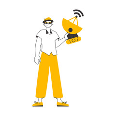 A man holds the IOT logo in his hands. Linear style. 