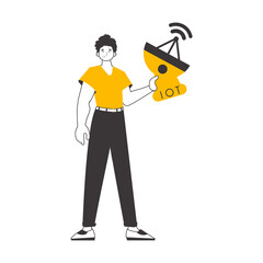 A man holds the IOT logo in his hands. Linear style. 