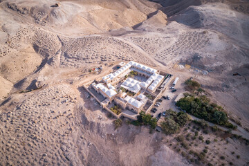 Israel. Nabi Musa site and mosque at Judean desert, Israel. Tomb of Prophet Moses. Drone Point of View.
