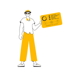 A man holds the IOT logo in his hands. Linear style. 