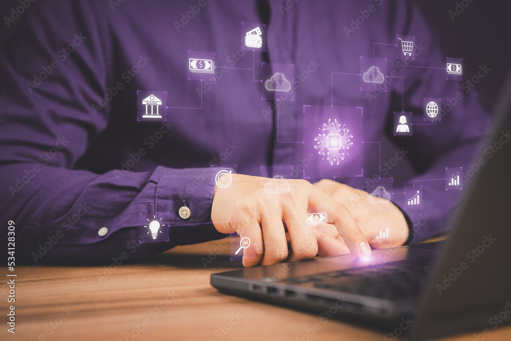 Poster Ai technology, cloud computing. Digital transformation change management, internet of things. Technology bigdata and business process strategy, Financial management, smart industry.
