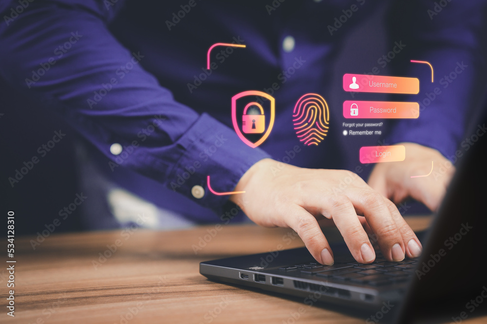 Poster Man typing login and password, cyber security concept, Secure encryption and access to the user's private information to access the Internet.