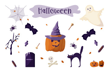 A set of vector images for celebrating Halloween, pumpkins, hat, spider web, spider, tombstone, ghost and others