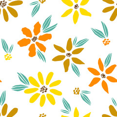 Simple floral vector seamless pattern. Yellow orange flowers, leaves on a white background. For fabric prints, textiles. Autumn summer collection.