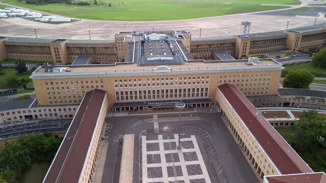 Unbelievable aerial view flight bird's eye view drone
of Tempelhof Berlin Germany at summer day 2022. 4k Marnitz Cinematic from above