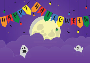 Naklejka premium happy halloween greeting card with flags and moon