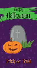 halloween trick or treat banner with pumpkin and grave