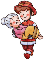 Firefighter, fireman character with fire fighting equipment tools. Fireman in uniform with fire hose hydrant, fire extinguisher watercolor illustration set. Fireman character