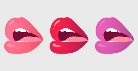 Set of three lips different colors: violet, red, pink. Illustration can be used like icons, poster, card or print.