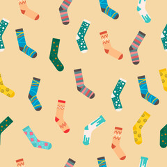seamless pattern with colored socks on yellow background. Illustration can be used in typography or wrap print.