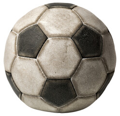 Close-up of an old black and white soccer ball isolated on a transparent background. Photography,...