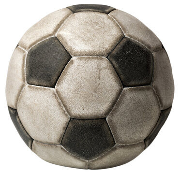 Close-up of an old black and white soccer ball isolated on a transparent background. Photography, png.