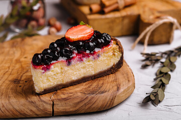 Cheesecake with fresh strawberries close up