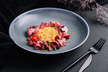 ham in cheese sauce on plate