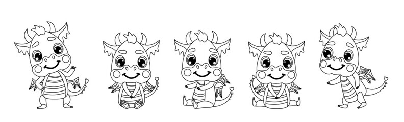 Set of a cute little baby dragon. Vector illustrations in linear style for designs, prints, greeting cards, coloring books for children and patterns. the symbol of 2024