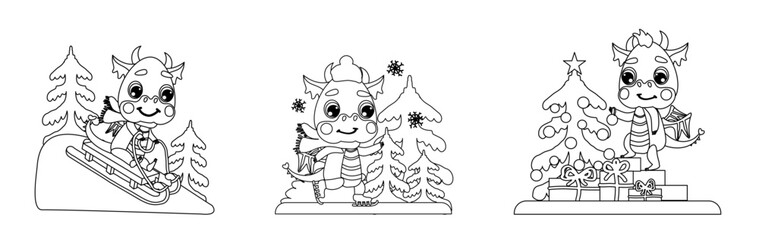 Cute little dragon is sledding down a slide, skating on ice and decorating a Christmas tree. Set of illustrations in a linear contour style for coloring, designs, prints, greeting cards. symbol  2024