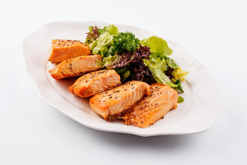 Delicious grilled roasted salmon fillets or steaks