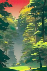 Fototapeta na wymiar Japanese landscape, illustration. Fairy forest.