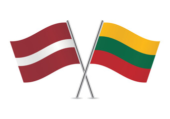 Latvia and Lithuania crossed flags. Latvian and Lithuanian flags on white background. Vector icon set. Vector illustration.
