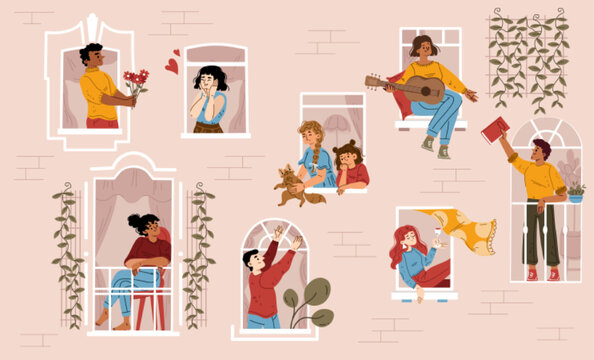 Neighbors in windows, neighborhood communication, fall in love, coliving, mutual help concept with friendly Men and women at their apartments chatting, relax, Cartoon linear flat vector illustration