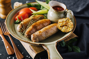 Fried sausages with herbs and vegetables in pan