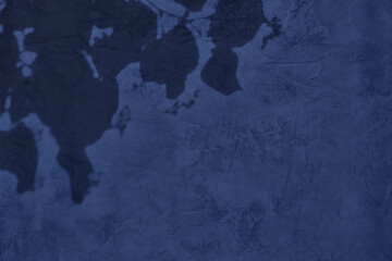 Shadow of leaves on dark blue concrete wall texture with roughness and irregularities. Abstract trendy colored nature concept background. Copy space for text overlay, poster mockup flat lay 