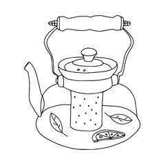Black hand drawing illustration of a transparent glass tea kettle with leaves and a lemon slice isolated on a white background
