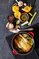 cooked chicken bouillon of whole chicken in pot