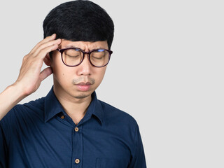 Businessman wear glasses feels headache with migraine isolated