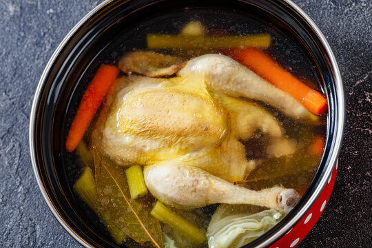 Cooked Chicken Bouillon Of Whole Chicken In Pot