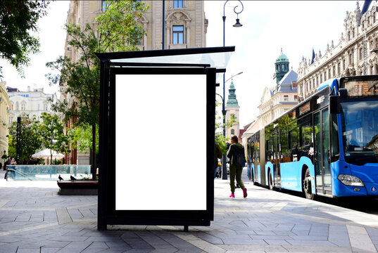 bus shelter with blank ad panel. billboard display. empty white lightbox sign at bus stop. billboard mockup. glass structure. city transit station. urban street. park setting. outdoor advertising.
