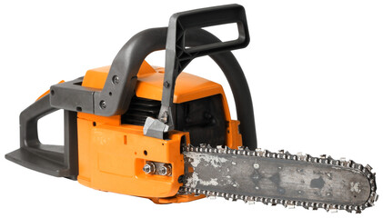 Rough orange chain saw front side view isolated