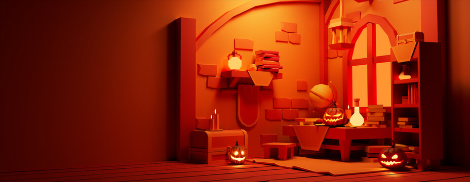 Fun Halloween Scene with Books, Potions and Jack O' Lanterns. Halloween background with copy-space.