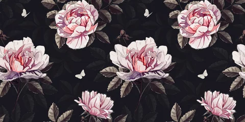 Behang Vintage floral pattern. Dark background. Wallpaper with delicate peonies, leaves, butterflies. Hand drawing, watercolor illustration. Design for wallpaper, paper, fabric © Polina