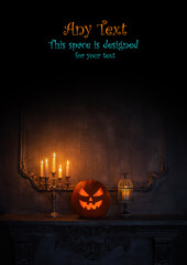 Halloween background with copy space for any text. Scary pumpkin and old skull on ancient gothic...