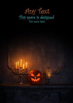 Halloween background with copy space for any text. Scary pumpkin and old skull on ancient gothic fireplace. Halloween, witchcraft and magic.