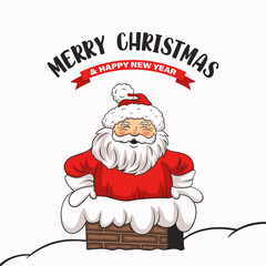 Merry Christmas Card with Smiling Santa Claus in a Chimney in Retro Cartoon Comic Style. Merry Christmas and Happy New Year Holiday Greeting Card with Happy Laughing Santa