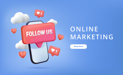 Follow Us Social media platform, online social communication website concept. Comment and Follower. 3D Web Vector Illustrations. Like, communication SMM marketing background banner, advertising web