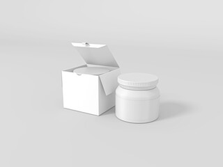 Cosmetic Plastic jar with packaging box and label mockup. 3D Rendered Illustration.