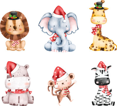 Watercolor Illustration set of Christmas Safari animals character