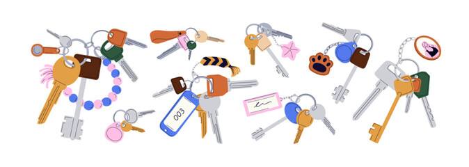 Door keys hanging on rings with keyfobs, keychains, tags, trinkets set. Different accessories, pendants, fobs on keyrings, holders. Flat graphic vector illustration isolated on white background