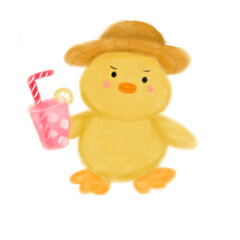 Cute yellow duck summer hold an iced pink drink