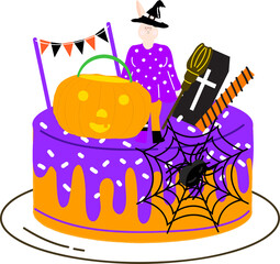 Halloween cupcakes. Cute kids in pumpkin, cat, vampire, witch hat, bat, skeleton and black cat costumes.