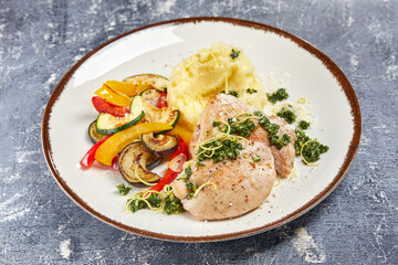 chicken with mashed potato and vegetables