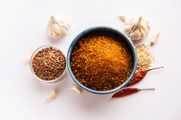 Jawas or Javas chutney made using Flax seeds, flaxseeds powder, garlic, red chilly, Indian relish