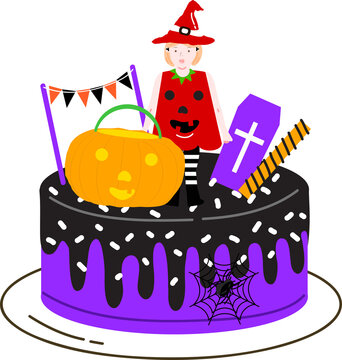 Halloween cupcakes. Cute kids in pumpkin, cat, vampire, witch hat, bat, skeleton and black cat costumes.