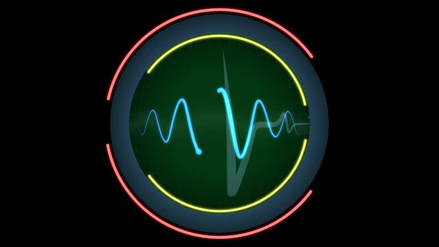4K (UI) pulse line (cardiogram),(Analog signal) Display on a round screen of a strip with a pulse (cardiogram) in white, heartbeat.