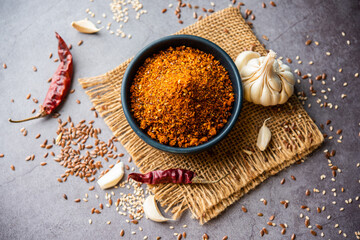 Jawas or Javas chutney made using Flax seeds, flaxseeds powder, garlic, red chilly, Indian relish