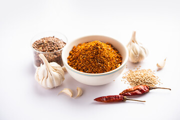 Jawas or Javas chutney made using Flax seeds, flaxseeds powder, garlic, red chilly, Indian relish