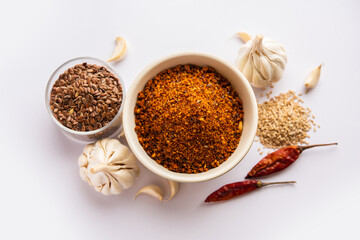 Jawas or Javas chutney made using Flax seeds, flaxseeds powder, garlic, red chilly, Indian relish